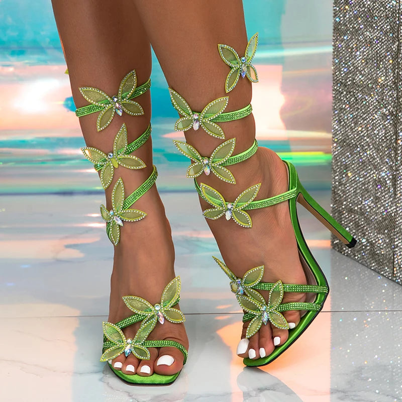 Summer Fashion Crystal Butterfly Ankle Strap  Square Toe High Heel