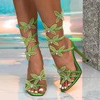Summer Fashion Crystal Butterfly Ankle Strap  Square Toe High Heel