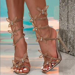 Summer Fashion Crystal Butterfly Ankle Strap  Square Toe High Heel