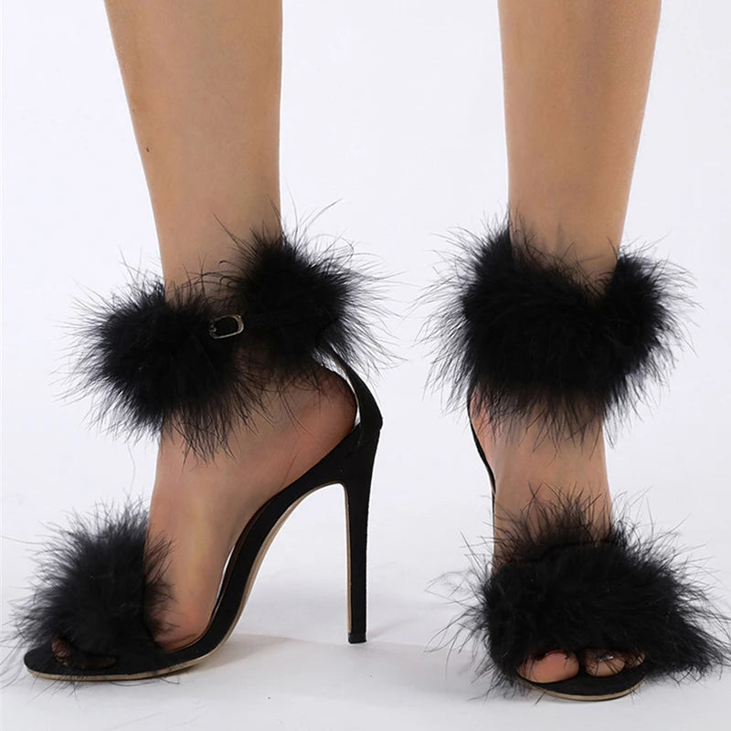 Cozy  Summer Faux Fur Ankle Strap Open Toe Feather High Heel Main image