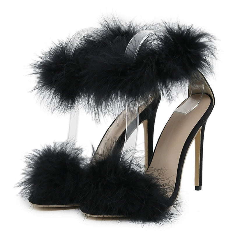 Cozy  Summer Faux Fur Ankle Strap Open Toe Feather High Heel Secondary image
