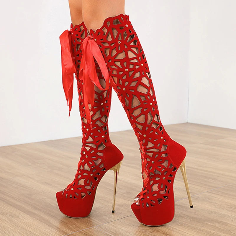 Summer Roma Style Hollow Out Cross Lace-Up Super Thin Heels High Heel Main image
