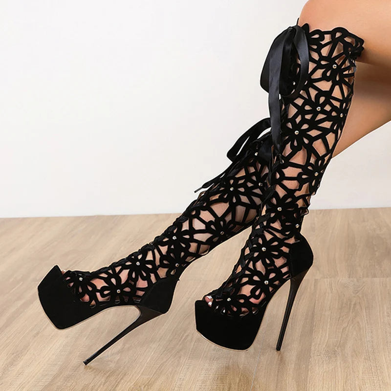 Summer Roma Style Hollow Out Cross Lace-Up Super Thin Heels High Heel