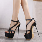 Summer  17CM Platform Open Toe Buckle Strap Thin High High Heel