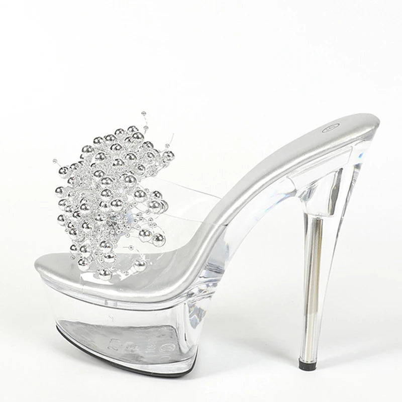 Stylish  Summer Transparent Silver Pearl Open Toe High Heel High Heel