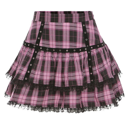 Lolita Cake Gothic Japanese Harajuku Purple Pink Plaid Pleated Skirt