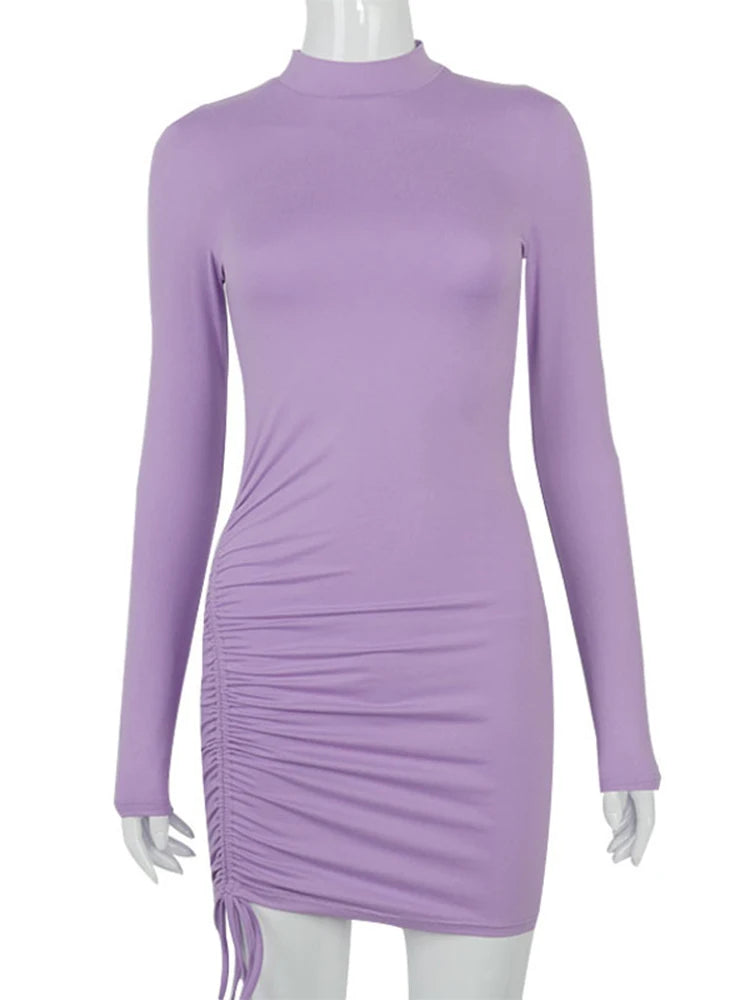 Long Sleeve Ruched Turtleneck Bandage Autumn Black Stretchy Midi Dresses Main image