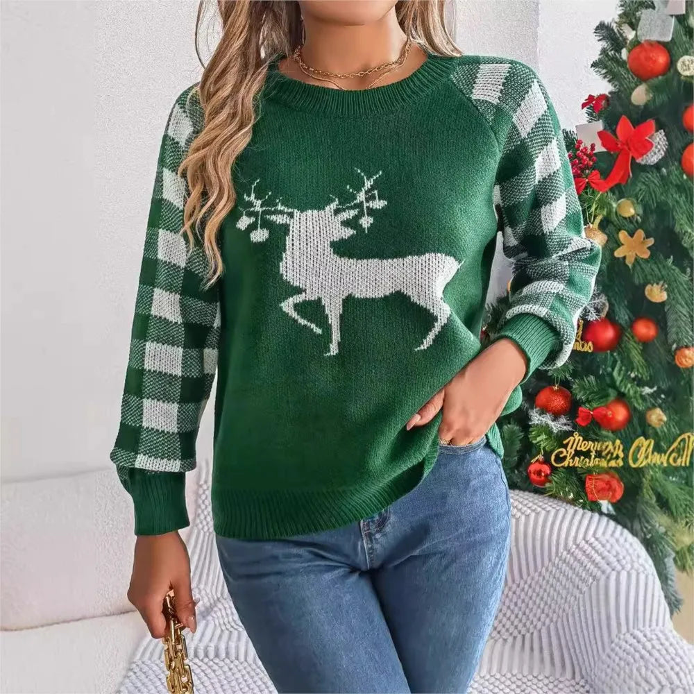 Knitted Plaid Christmas Sweater with Round Neck and Long Sleeves for Autumn/Winter