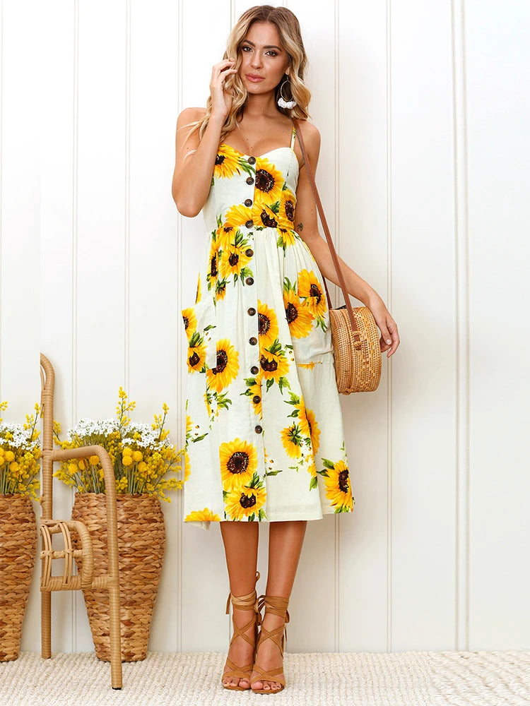 Lossky Sunflower Strapless Button Backless Floral Clothes Midi Dresses