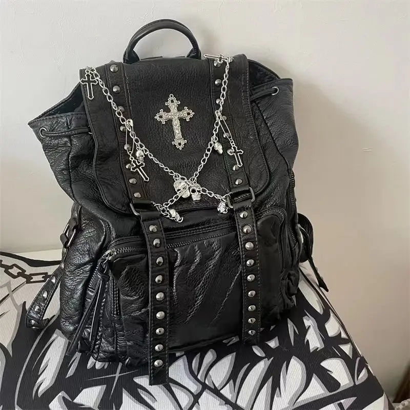 Goth Y2k Black Punk Rivet Chain Skeleton Fashion Women Backpack Bag Main image