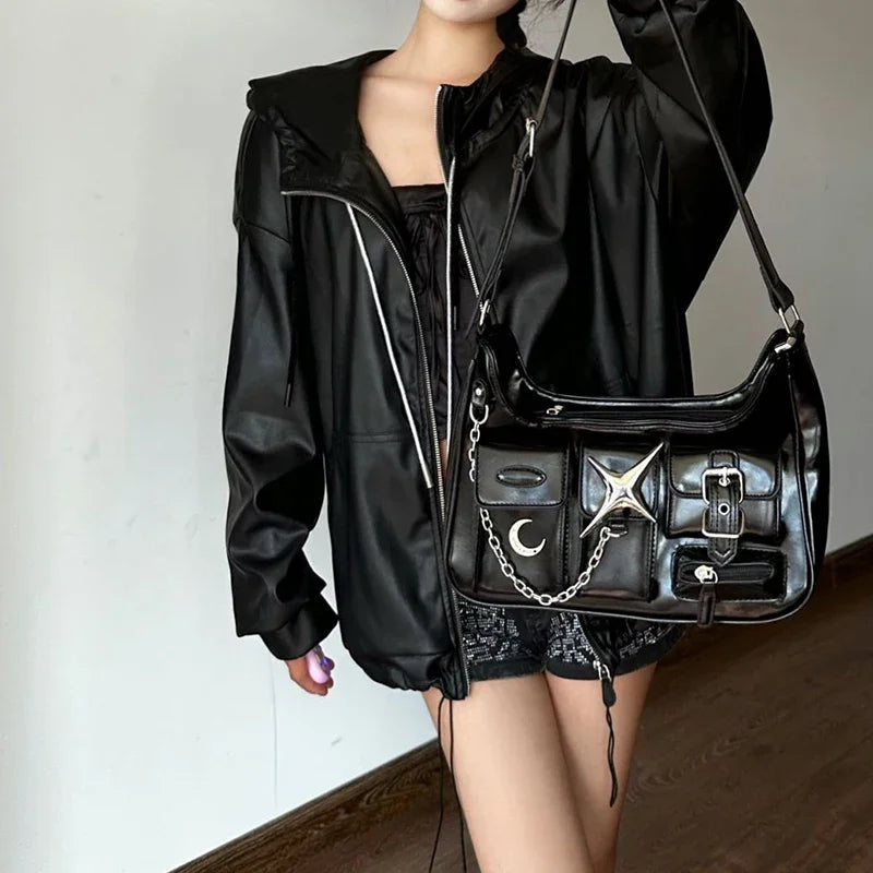 Y2K Harajuku Fashion Gothic Black Chains Casual Motorcycle Shoulder Bag Main image