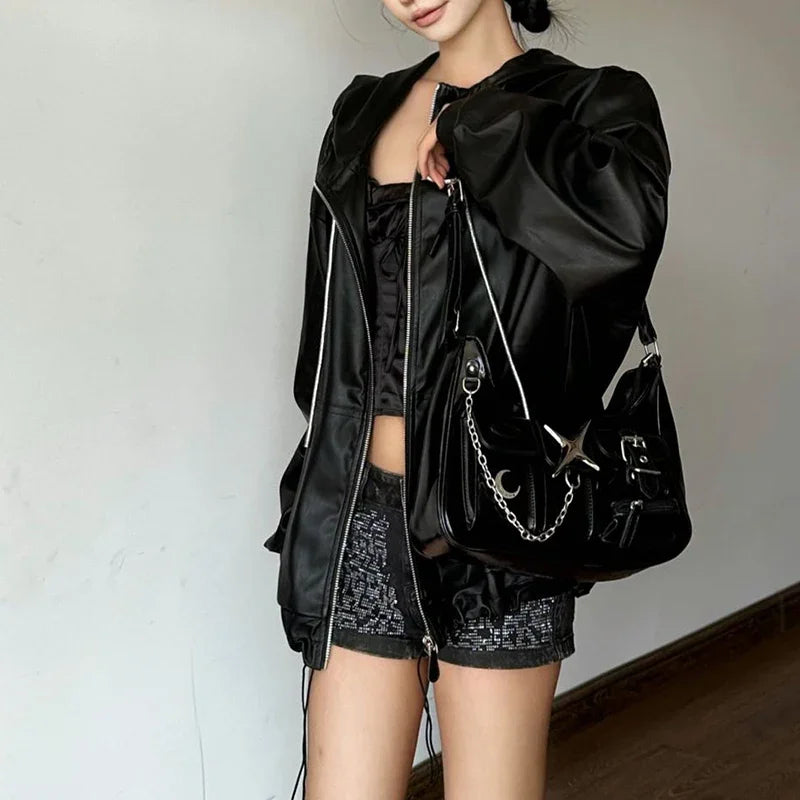 Y2K Harajuku Fashion Gothic Black Chains Casual Motorcycle Shoulder Bag Secondary image
