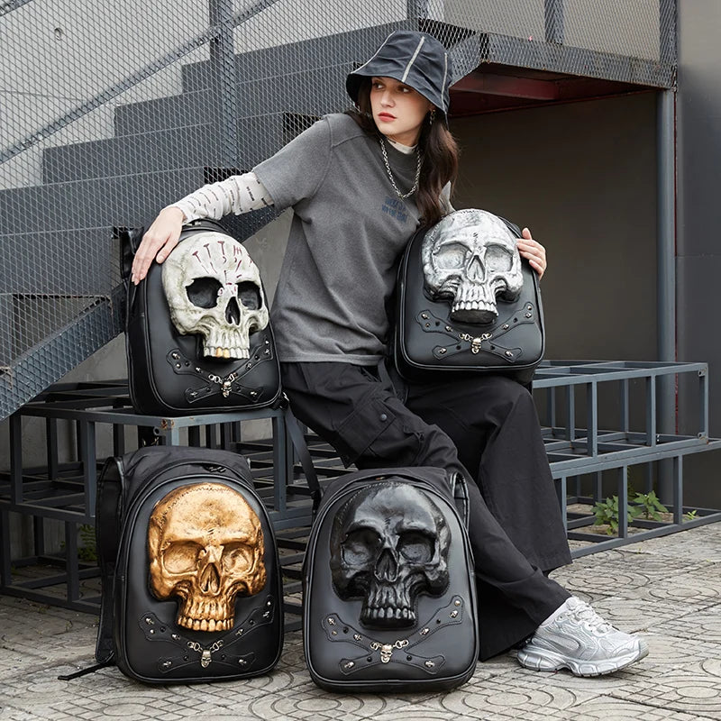 3D Embossed Skull Punk Rock Gothic Leather Rivets Laptop Travel Backpack Bag Main image