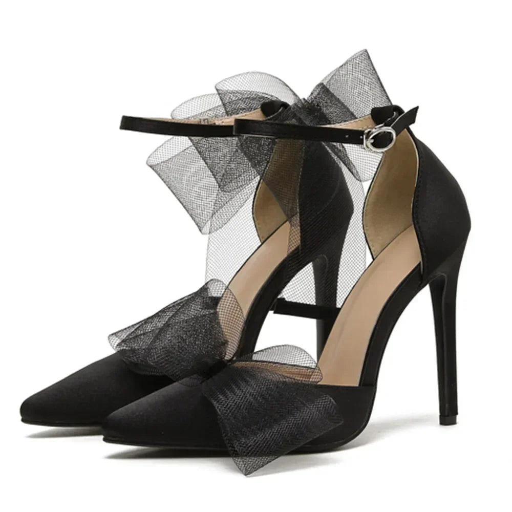 Mesh Butterfly-Knot Pumps Pointed Buckle Strap Thin High Heel Wedding High Heel Secondary image