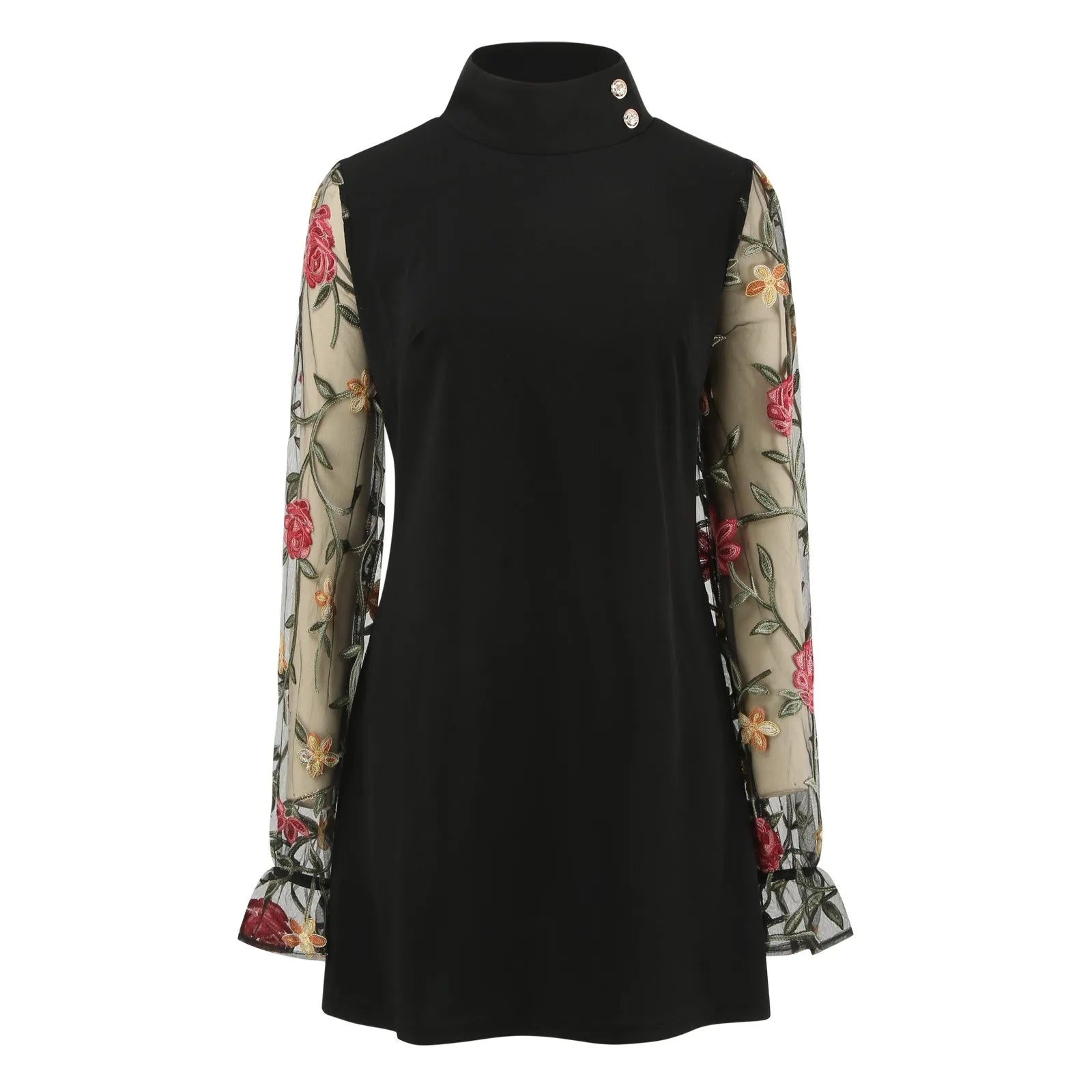 Mesh Embroidery Lantern Sleeve Mock Neck Elegant Spring Vestidos Dress Main image