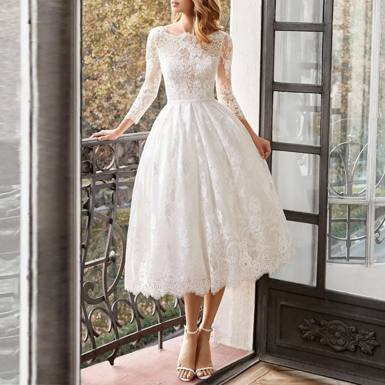 DressBetty - Long Sleeved Backless Slim Fitting White Lace Midi Dress Main image