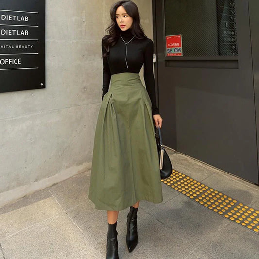 DressBetty - Military Green Solid Elegant High Waist Bow Slim Skirt