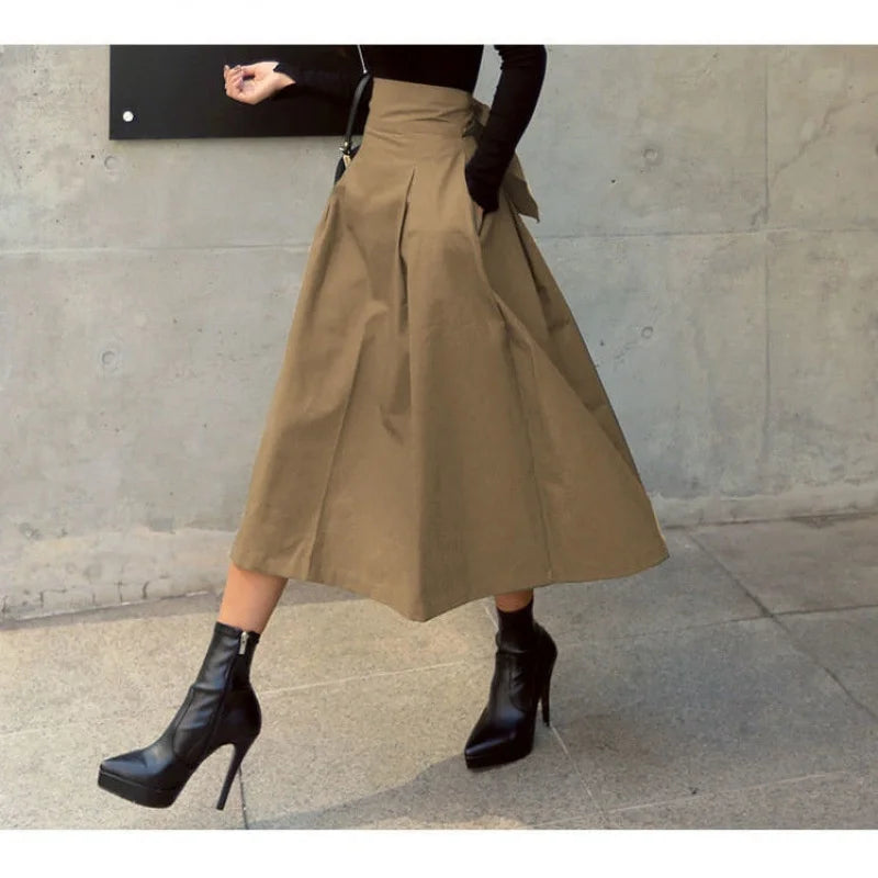 DressBetty - Military Green Solid Elegant High Waist Bow Slim Skirt