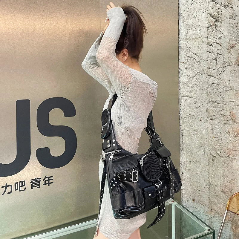 Luxury Designer Multiple Pockets Rivet Wide Strap Knot Shoulder Moto Bag Main image