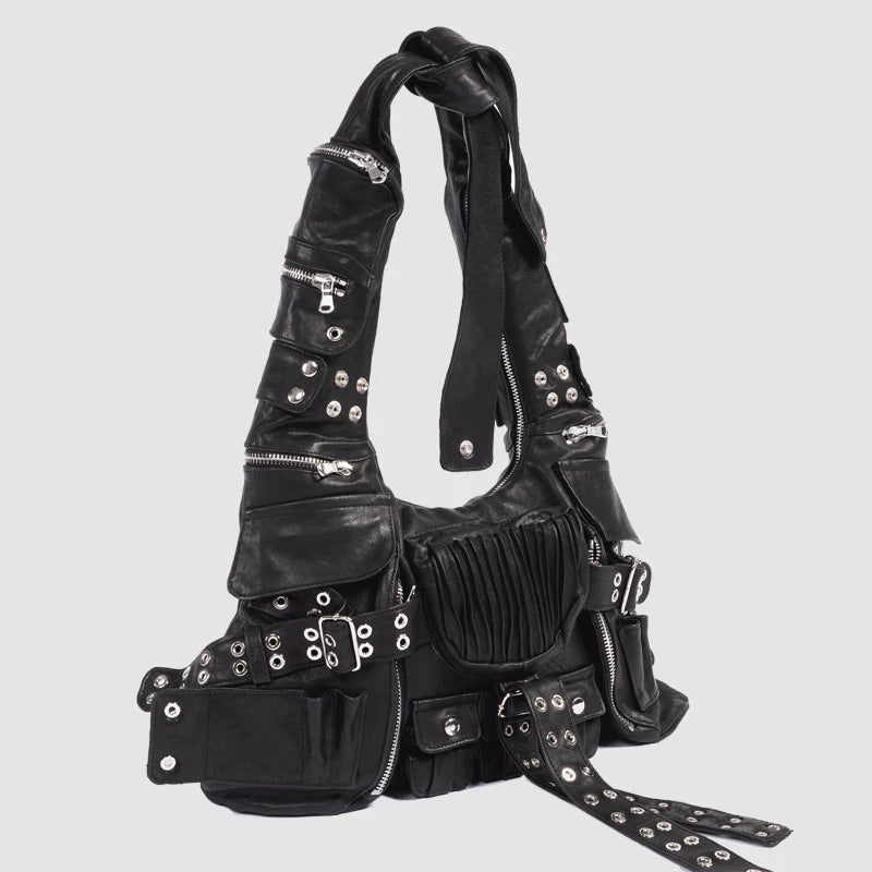 Luxury Designer Multiple Pockets Rivet Wide Strap Knot Shoulder Moto Bag Secondary image