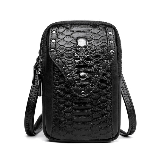 Motorcycle Skull Snake Pattern Ladies Punk Outdoor Travel Lipstick Mobile Phone Shoulder Bag