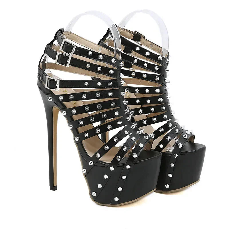 Narrow band hollow rivet buckle strap extreme high heel sexy party High Heel