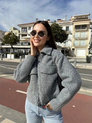 New Fashion Pockets Grey Front Zipper Cropped Vintage Lapel Chic Coat