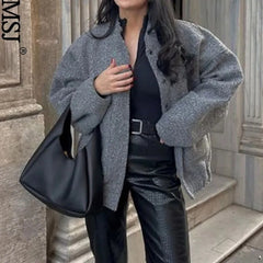 New Fashion Pockets Grey Front Zipper Cropped Vintage Lapel Chic Coat