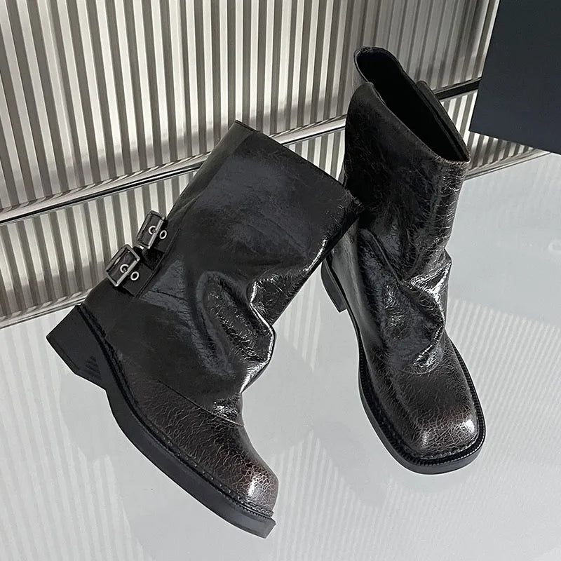 New Square Toe Buckled Slip On Modern Winter Ankle Boot