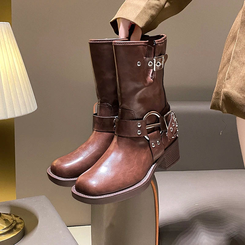 European American Western Cowboy Spring Metal Buckle Square Head Ankle Boot Secondary image