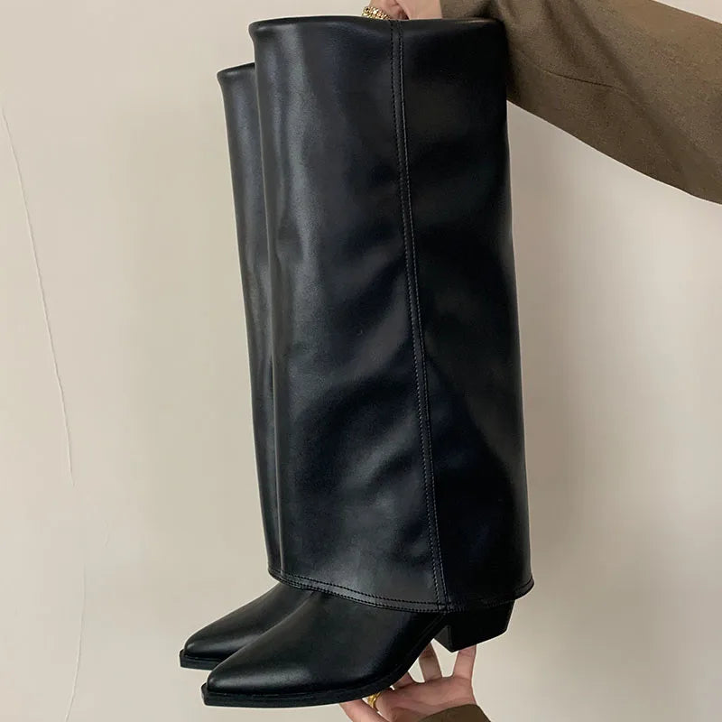 New Fashion Pointed Toe Ladies Modern Long Booties Denim Women Knee High Boots With Heels Pumps Shoes Female Slip On Footwear Main image