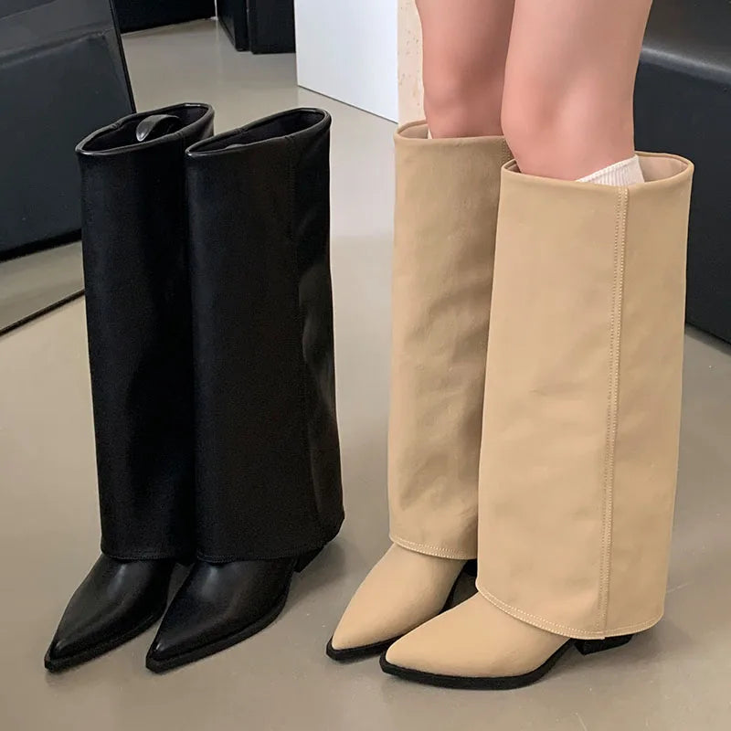 New Fashion Pointed Toe Ladies Modern Long Booties Denim Women Knee High Boots With Heels Pumps Shoes Female Slip On Footwear Secondary image