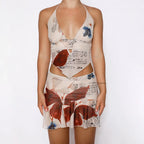 DressBetty -  Deep V-neck Floral Halter Mini Skirt