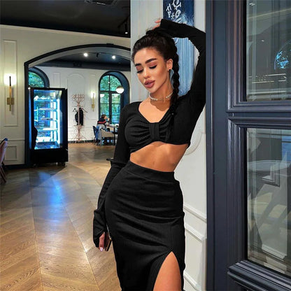 DressBetty - Elegant Solid Black Crop Top+ Side Slit Skirt