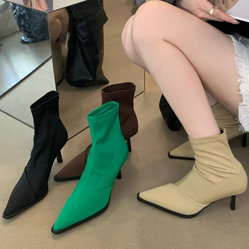 Stretchable Elastic Pointed Toe Heeled Fashion Ankle Boot Secondary image