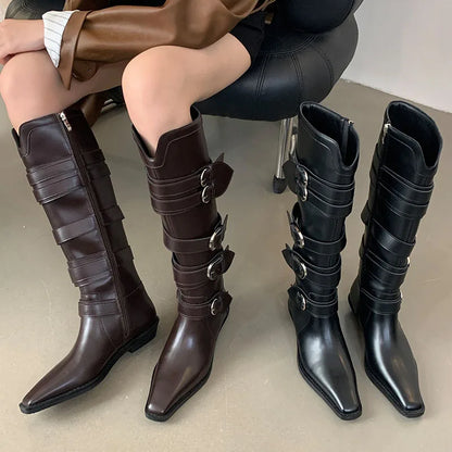 New Footwear Zippers Autumn Winter Metal Buckle Long Knee High Boots