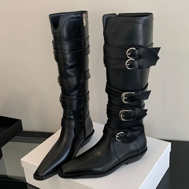 New Footwear Zippers Autumn Winter Metal Buckle Long Knee High Boots