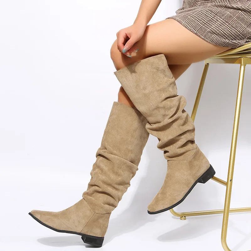 New Quality Pleated Faux Suede Flock Flat Autumn Winter Dress Knee High Boots Secondary image