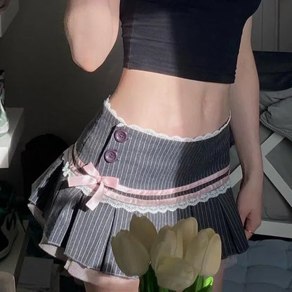 DressBetty - Lace Splice Bow Bandage Fashion Folds Skirt