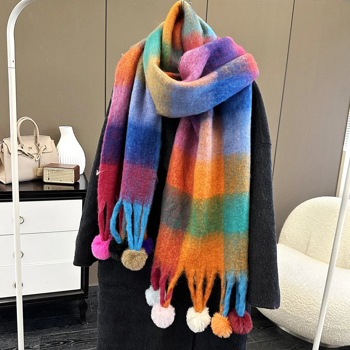 Cashmere Thick Warm Blanket Colorful Plaid with Long Tassels Soft Wrap Scarf