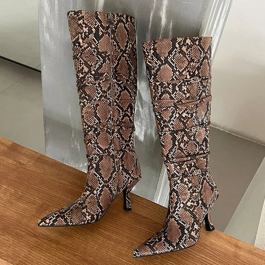 Elegant Modern Stylish Designer Snakeskin Pointed Toe Knee High Boots