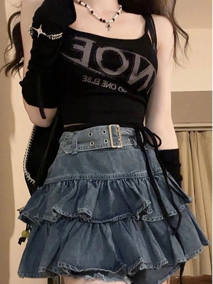 Retro Ruffled Fake Two-piece High Waist Cake Denim Skirt