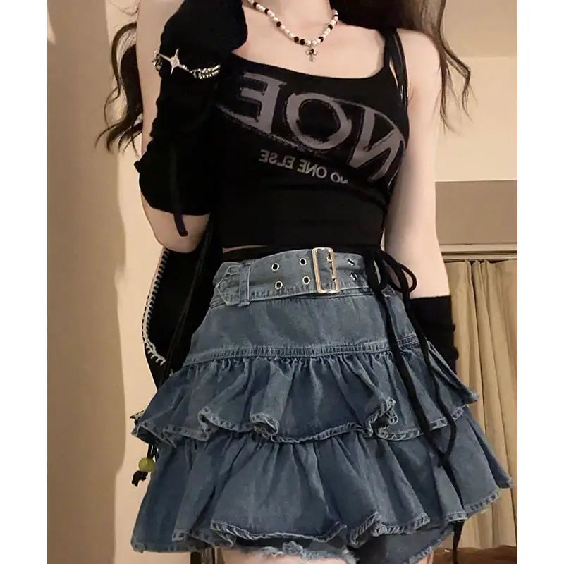 Retro Ruffled Fake Two-piece High Waist Cake Denim Skirt