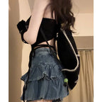 Retro Ruffled Fake Two-piece High Waist Cake Denim Skirt