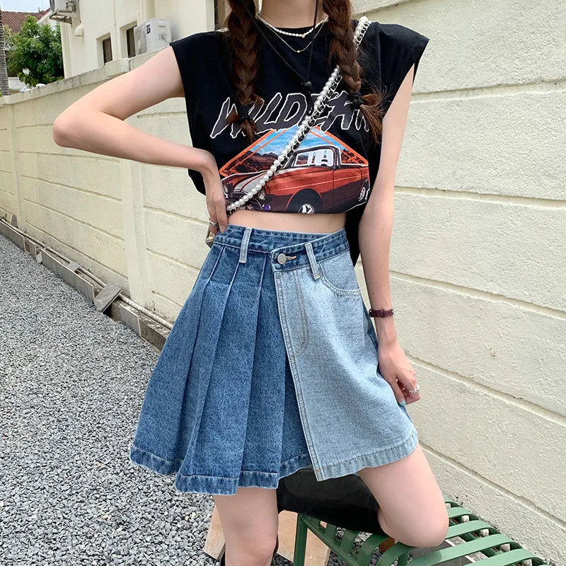 Streetwear Fashion Denim Contrast Color Patchwork A-line Mini Skirt Main image