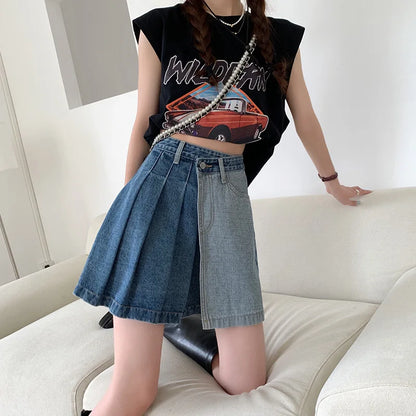 Streetwear Fashion Denim Contrast Color Patchwork A-line Mini Skirt