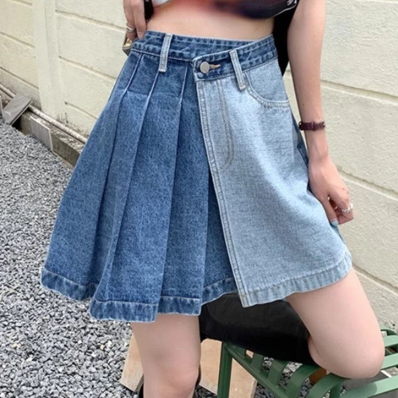 Streetwear Fashion Denim Contrast Color Patchwork A-line Mini Skirt