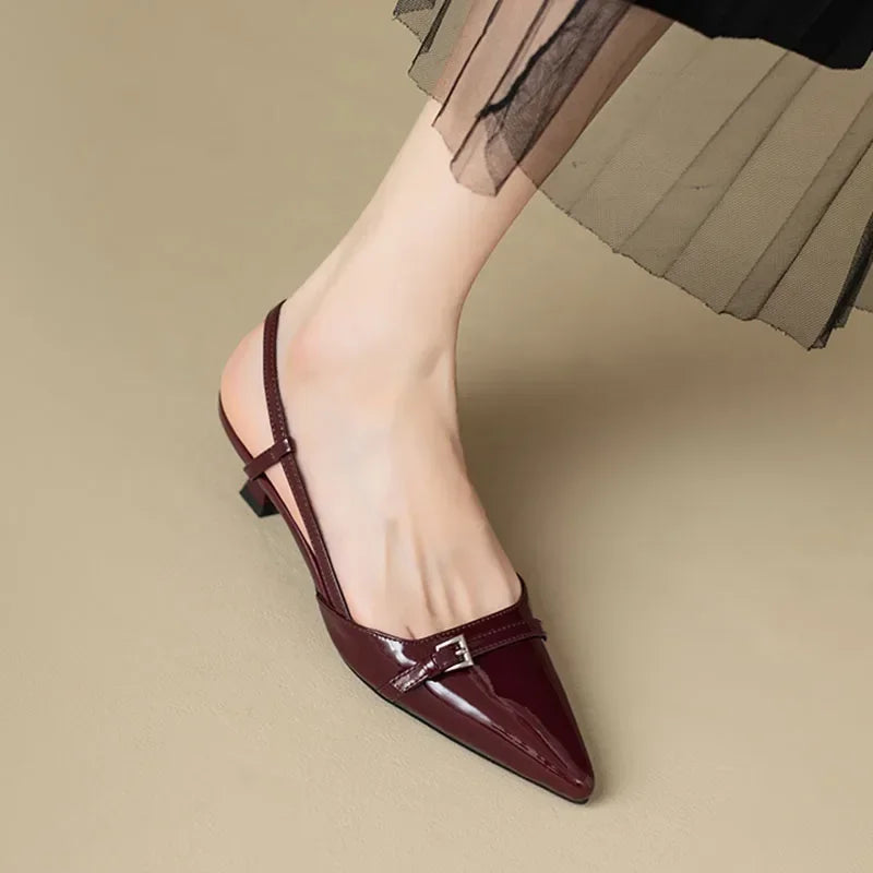 New Summer Dress Shoes Pointed Toe Buckle Slingbacks Patent Leather Slip on Low Heel Pumps