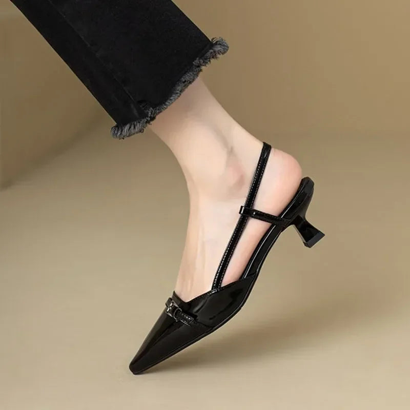 New Summer Dress Shoes Pointed Toe Buckle Slingbacks Patent Leather Slip on Low Heel Pumps Secondary image