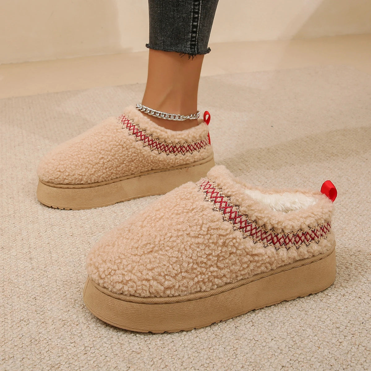 New Warm Fur Ankle Boots Women Flats Platform Slippers Plush Flip Flops Winter Cotton Shoes for Women Brand Design Snow Botas